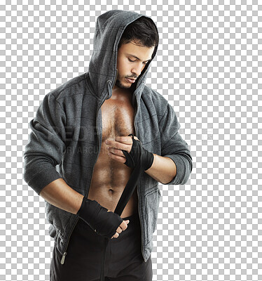 Buy stock photo Man, hand and bandage for kickboxing exercise isolated on transparent, png background. Male athlete person, boxer or aesthetic model ready to start fitness training for mma fight while wrapping hands