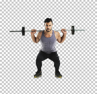 Buy stock photo Isolated bodybuilder man, barbell squat exercise and fitness workout with health by transparent png background. Young guy, weightlifting or training for strong legs, muscle development and wellness