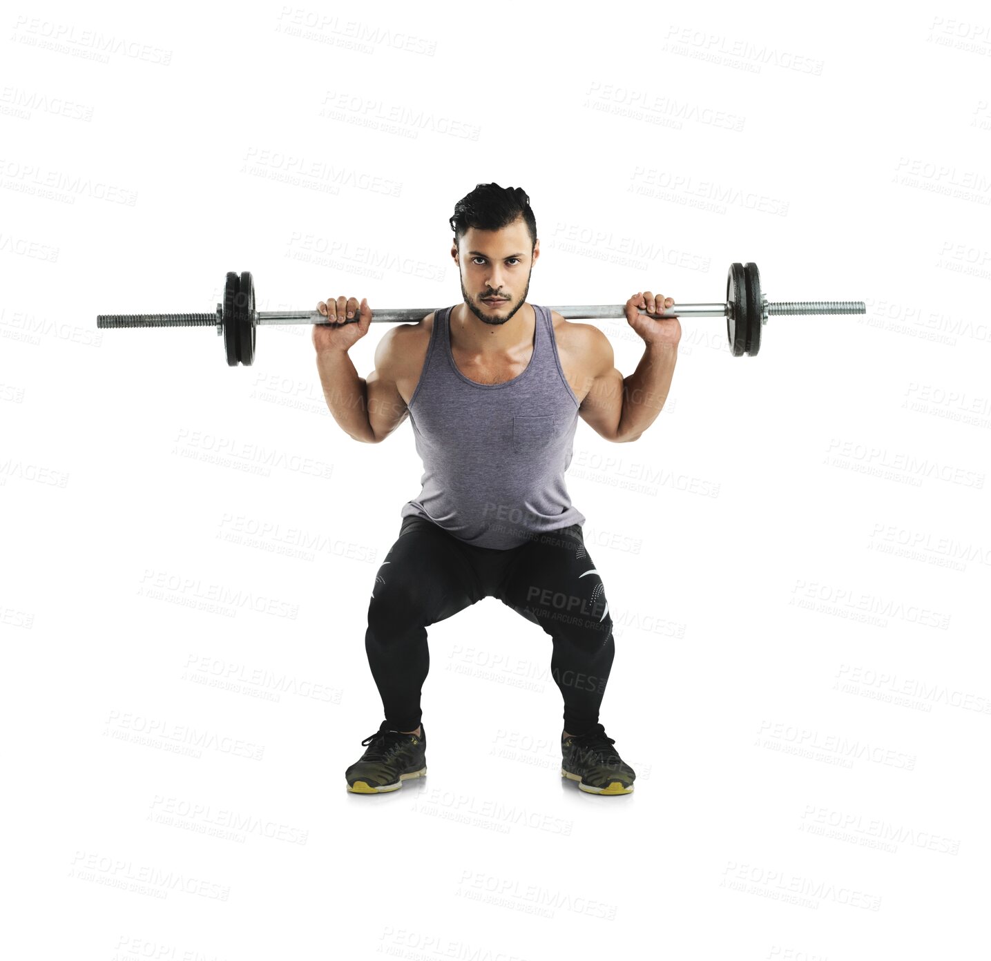 Buy stock photo Isolated bodybuilder man, barbell squat exercise and fitness workout with health by transparent png background. Young guy, weightlifting or training for strong legs, muscle development and wellness