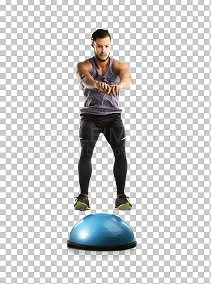 Buy stock photo Workout, man with jump on ball for fitness and isolated against a transparent png background. Training, exercise and sports health for wellness of male athlete with gym equipment and sportswear