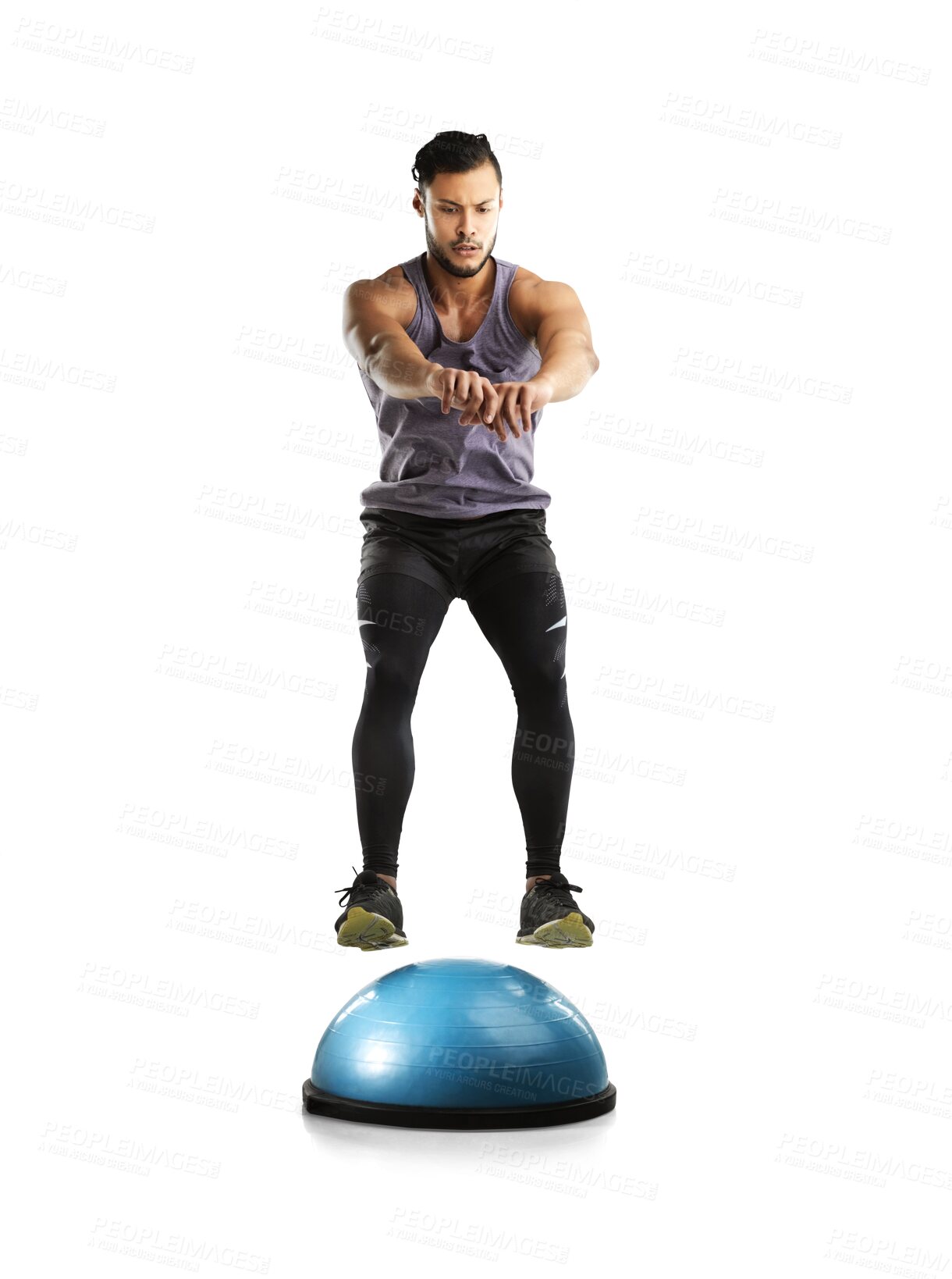 Buy stock photo Workout, man with jump on ball for fitness and isolated against a transparent png background. Training, exercise and sports health for wellness of male athlete with gym equipment and sportswear