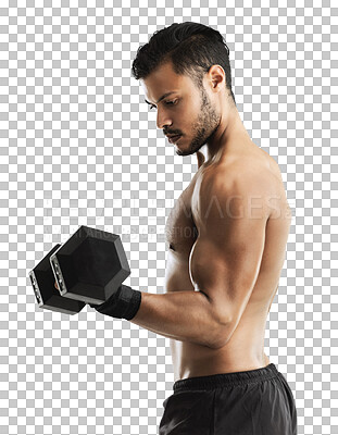 Buy stock photo Man, workout and weightlifting with dumbbell, biceps with bodybuilder and muscle training isolated on transparent png background. Exercise, male athlete flex arms and concentration with bodybuilding