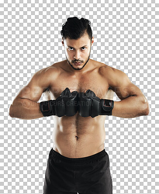 Buy stock photo Isolated man, mma portrait and fist together for fight, training and focus by transparent png background. Young fighter, martial arts athlete and ready for contest, competition or fitness for sports