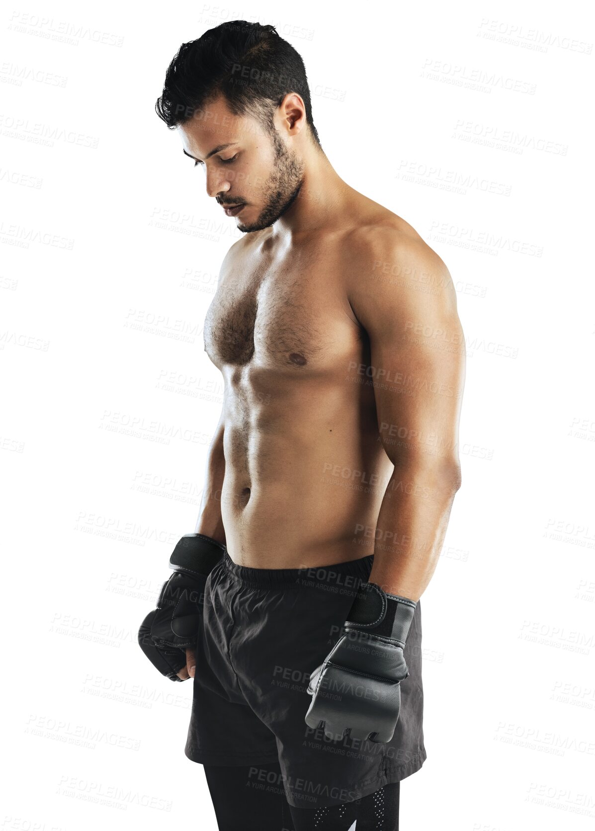 Buy stock photo Fitness, thinking and a man exercise with boxing gloves isolated on a transparent, png background. Shirtless male athlete person, boxer or aesthetic model training for a fight, strong muscle or mma