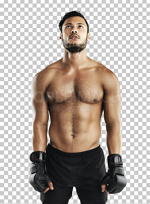 Buy stock photo Fitness, thinking and exercise with a boxer man isolated on a transparent, png background. Shirtless body of athlete person or aesthetic model with hope, boxing gloves and training for mma fight
