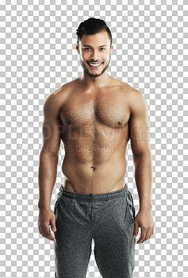 Buy stock photo Fitness muscle, portrait and happy man isolated on a transparent png background. Smile, body and athlete with strong abs after exercise, training or workout for health, wellness and sports in Brazil.