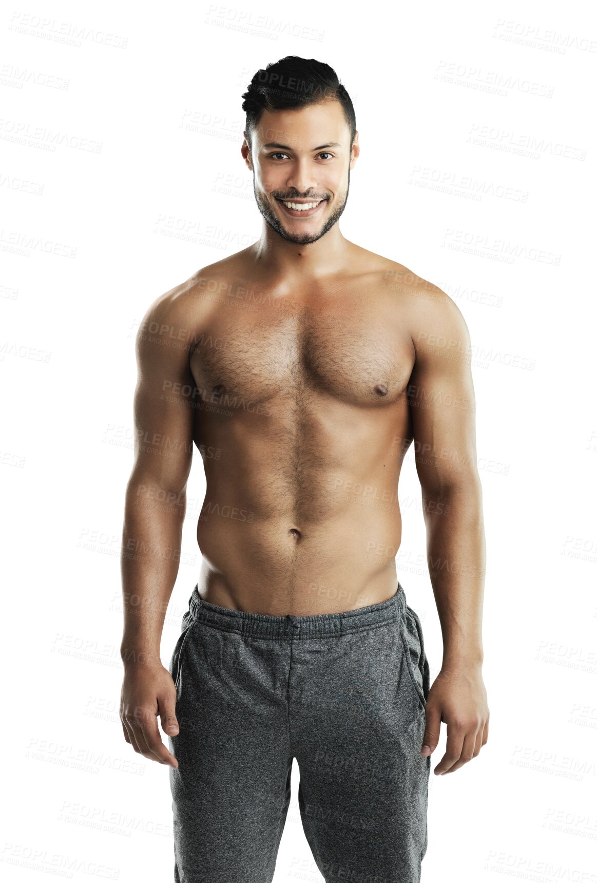 Buy stock photo Fitness muscle, portrait and happy man isolated on a transparent png background. Smile, body and athlete with strong abs after exercise, training or workout for health, wellness and sports in Brazil.