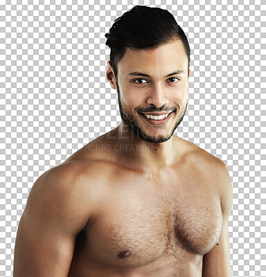 Buy stock photo Fitness muscle, face and happy man isolated on a transparent png background. Portrait, body and athlete with strong abs after exercise, training or workout for health, wellness and sports in Brazil.