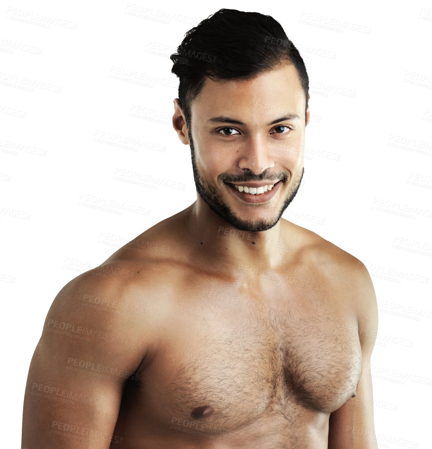 Buy stock photo Fitness muscle, face and happy man isolated on a transparent png background. Portrait, body and athlete with strong abs after exercise, training or workout for health, wellness and sports in Brazil.