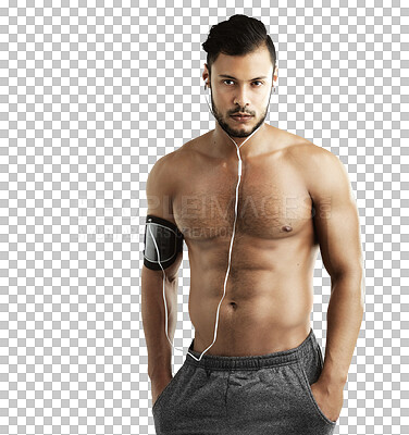 Buy stock photo Portrait, shirtless and serious man with earphones for music isolated on transparent png background. Sports, radio and  bodybuilder listen to exercise, muscle or fitness podcast with hands in pocket