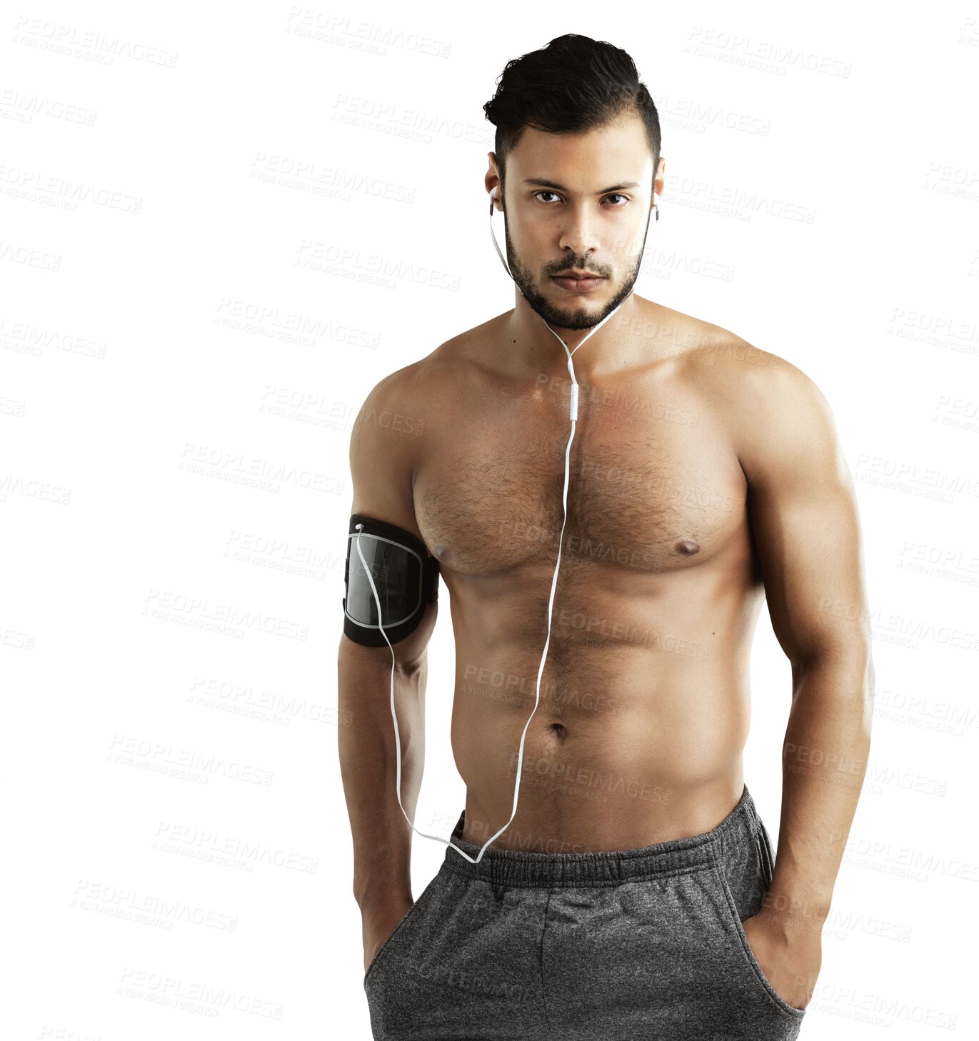 Buy stock photo Portrait, shirtless and serious man with earphones for music isolated on transparent png background. Sports, radio and  bodybuilder listen to exercise, muscle or fitness podcast with hands in pocket