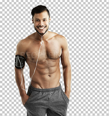 Buy stock photo Portrait, shirtless and happy man with earphones for fitness isolated on transparent png background. Sports radio, body and smile of athlete with hands in pocket listening to workout music for muscle