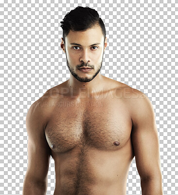 Buy stock photo Portrait, serious fitness and muscle man isolated on a transparent png background. Face, body and athlete with strong abs after exercise, training or workout for health, wellness or sports in Brazil.