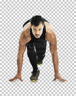 Buy stock photo Man, start race and running with fitness and action, training with focus in portrait isolated on transparent png background. Workout, exercise and male runner ready for run, marathon and speed