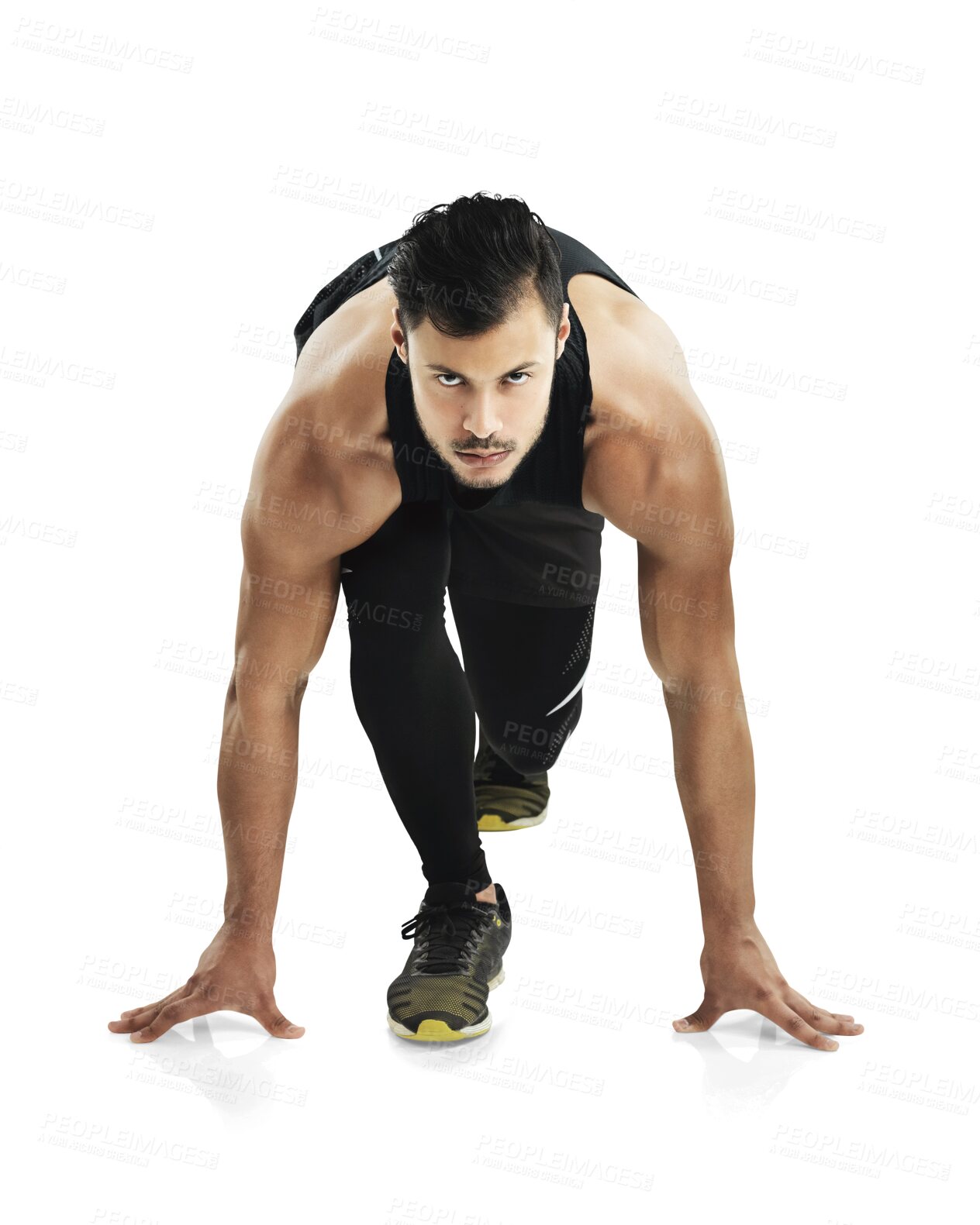 Buy stock photo Man, start race and running with fitness and action, training with focus in portrait isolated on transparent png background. Workout, exercise and male runner ready for run, marathon and speed