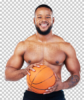 Buy stock photo Portrait, fitness and body with a basketball black man isolated on transparent background for sports training. Exercise, workout or health and a happy young male athlete shirtless with a ball on PNG