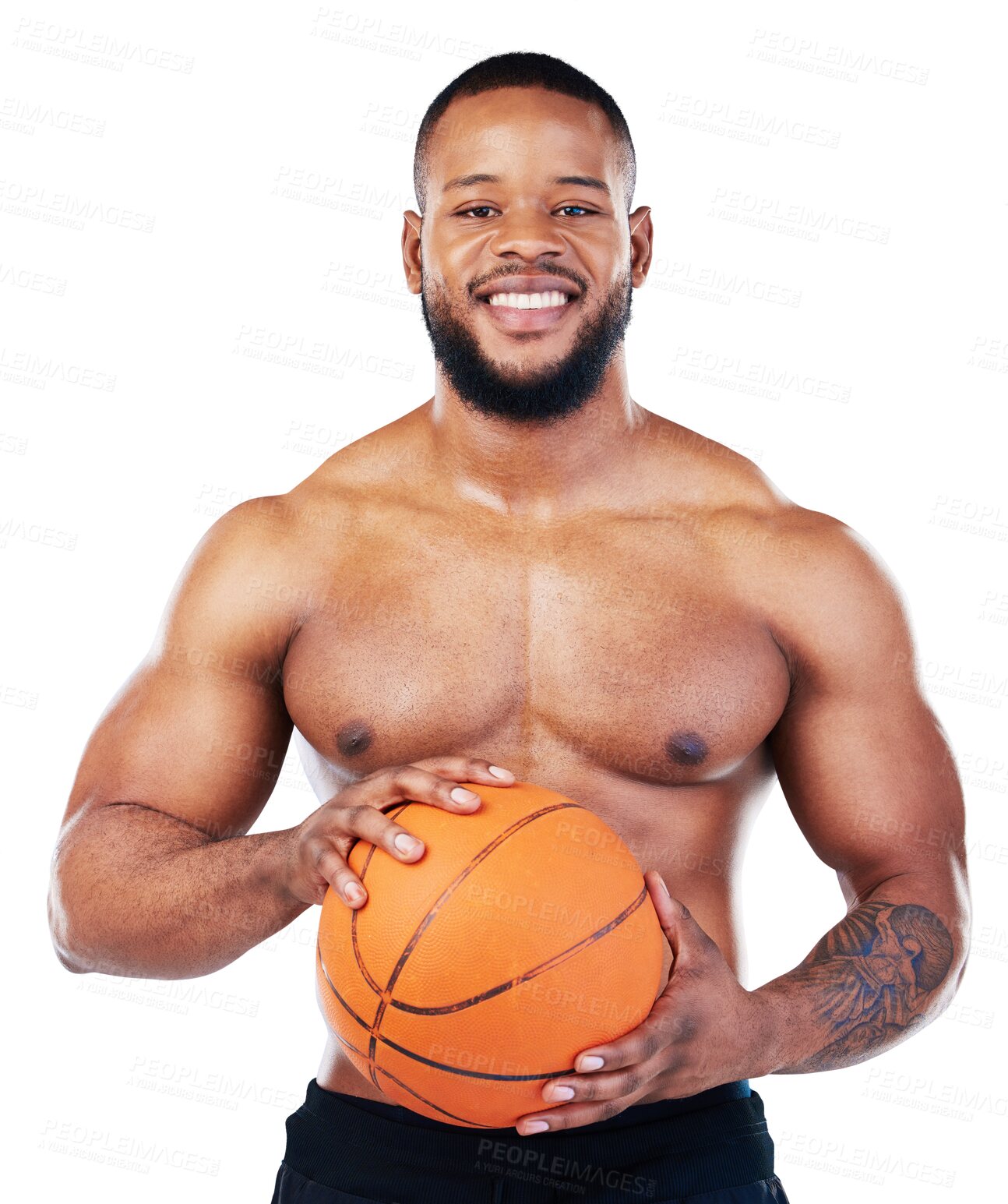 Buy stock photo Portrait, fitness and body with a basketball black man isolated on transparent background for sports training. Exercise, workout or health and a happy young male athlete shirtless with a ball on PNG