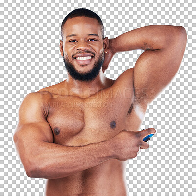 Buy stock photo Black man, deodorant on armpit and grooming in portrait with body hygiene isolated on transparent png background. Cosmetic product, fragrance and male model with spray perfume, beauty and skin