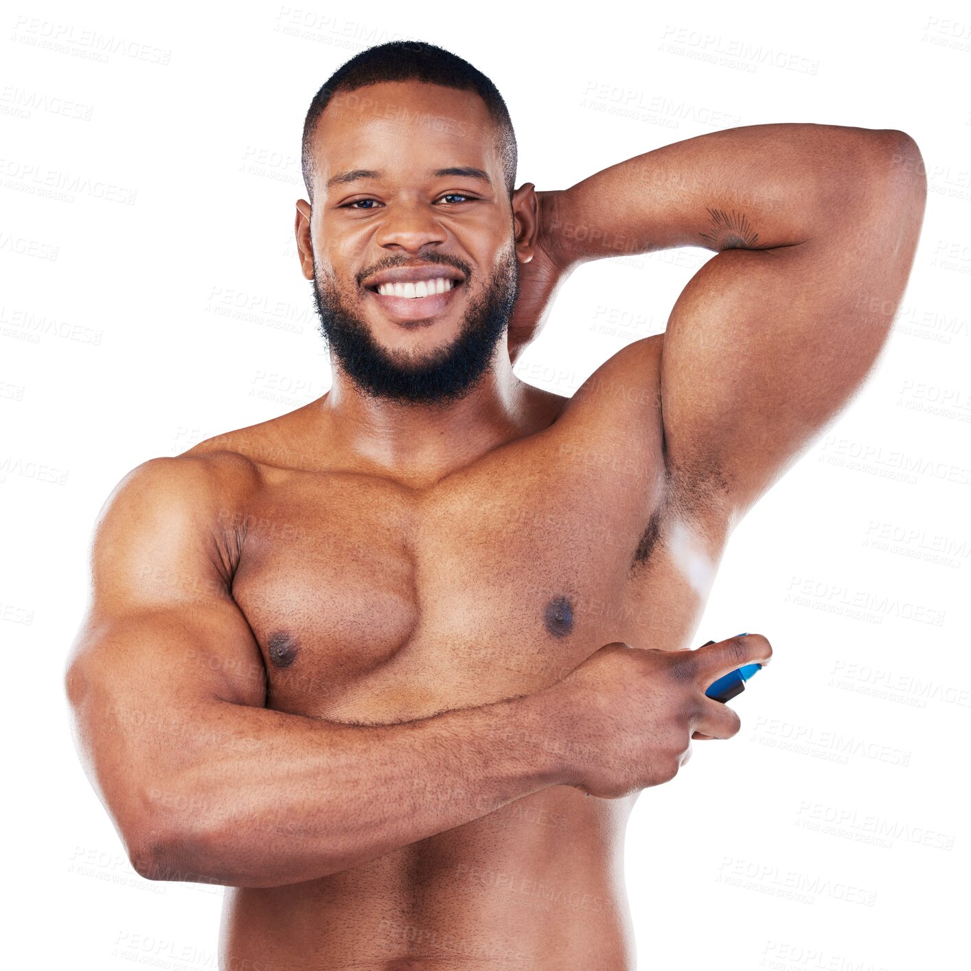 Buy stock photo Black man, deodorant on armpit and grooming in portrait with body hygiene isolated on transparent png background. Cosmetic product, fragrance and male model with spray perfume, beauty and skin