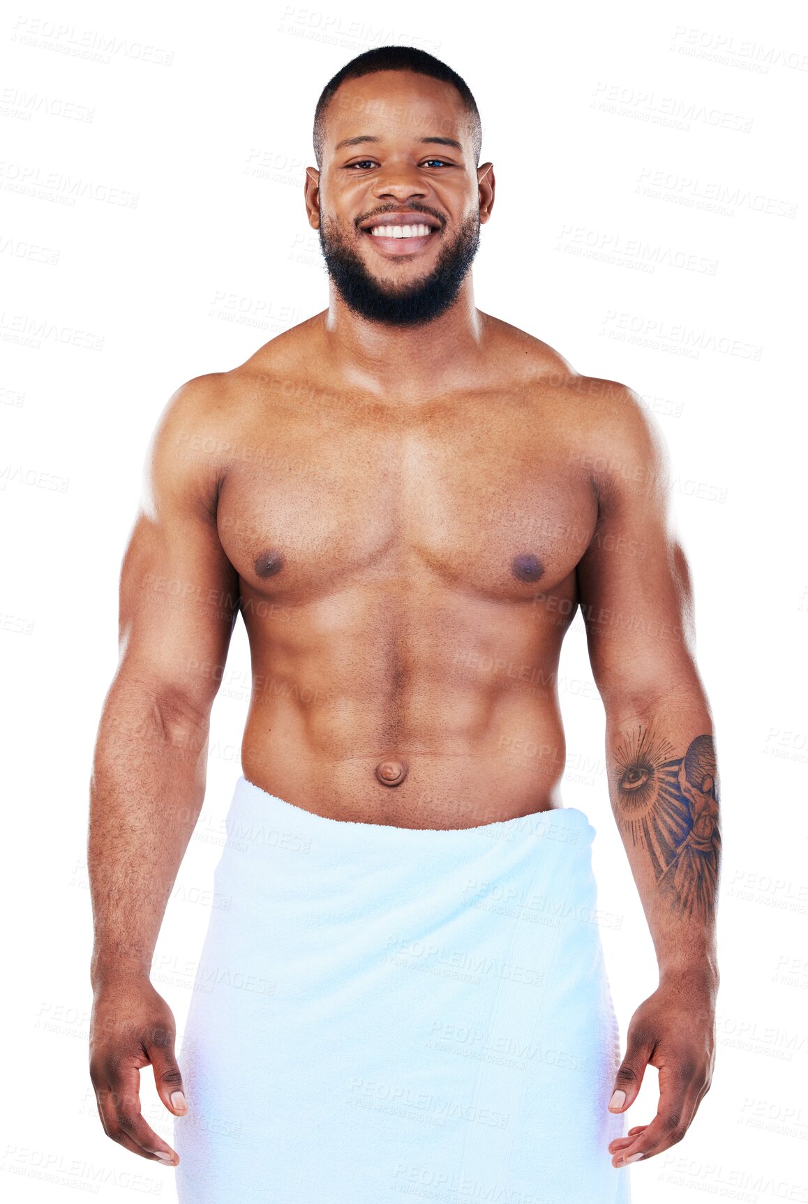 Buy stock photo Man, shower towel and portrait of bodybuilder, self care and wellness from cleaning in morning on transparent, isolated or png background. Clean, sexy body and skincare for happiness and health