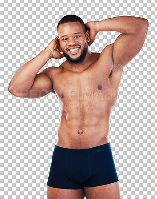 Black man, fitness and body, smile in portrait and abs, healthy