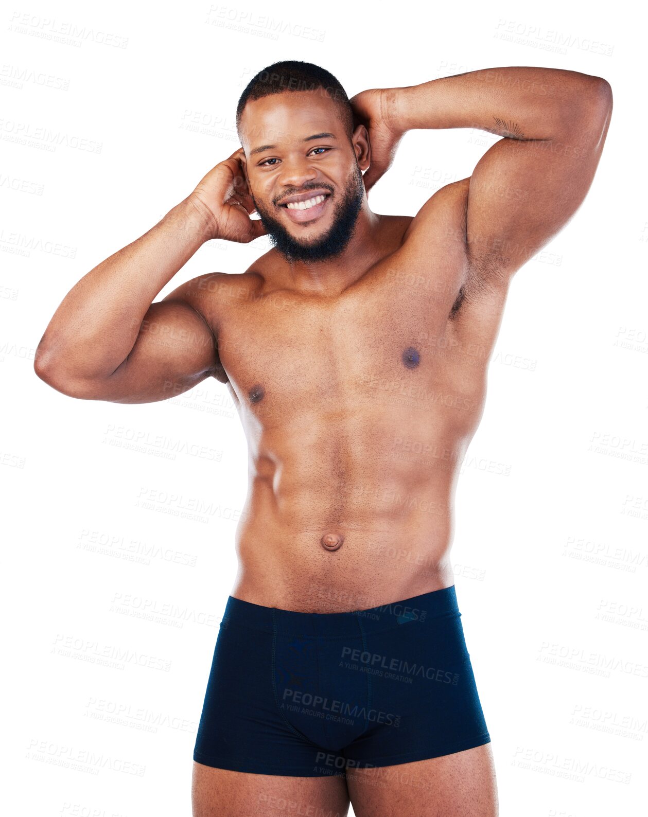 Buy stock photo Fitness, muscular and portrait of a shirtless man with confidence after strength workout. Happy, smile and African male athlete with muscles after training isolated by transparent png background.