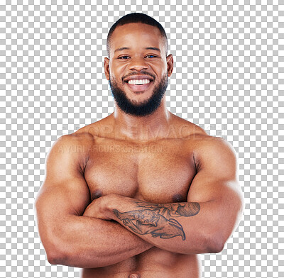 Buy stock photo Muscular, crossed arms and portrait of a shirtless man with confidence after strength workout. Happy, smile and African male athlete with muscles after training isolated by transparent png background