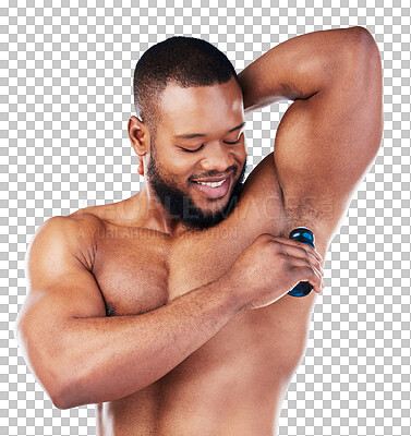 Black man, fitness and body, smile in portrait and abs, healthy and flex  arms, muscle and strong on blue background. Shirtless male in underwear,  exercise and bodybuilder with bare abdomen in studio