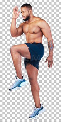 Buy stock photo Fitness, running and body with a sports black man isolated on a transparent background for cardio or endurance. Exercise, health and shirtless with a young male runner training on PNG for wellness