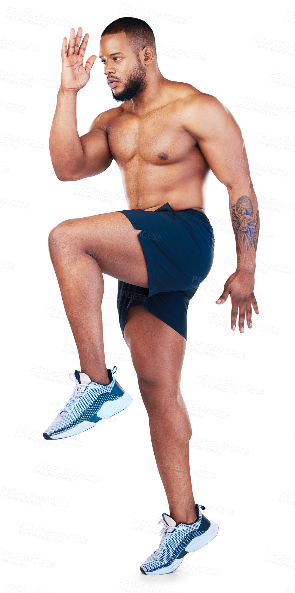 Buy stock photo Fitness, running and body with a sports black man isolated on a transparent background for cardio or endurance. Exercise, health and shirtless with a young male runner training on PNG for wellness