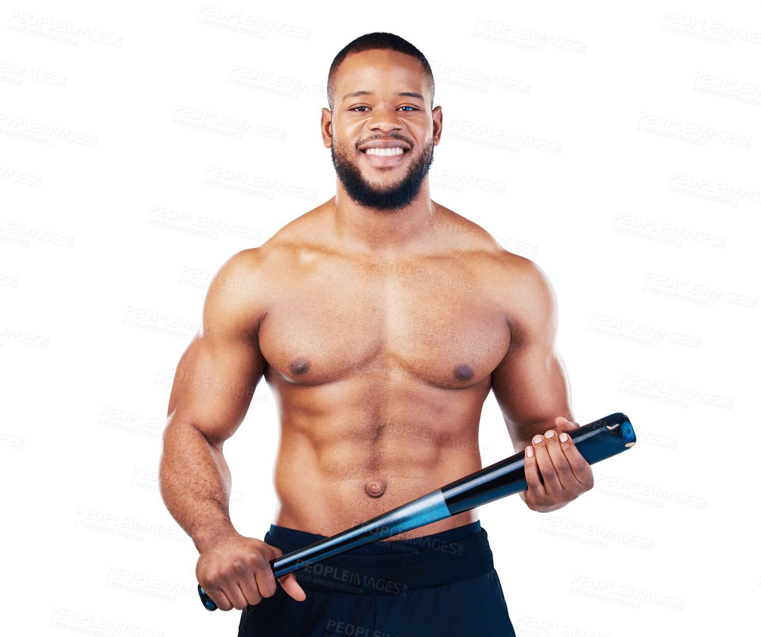 Buy stock photo Isolated bodybuilder man, topless and baseball bat in portrait with smile by transparent png background. Happy African athlete, softball player and sports for fitness, health and wellness for games