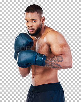 Buy stock photo Black man, boxer with sports and exercise in portrait, martial arts and training isolated on transparent png background. Serious male athlete boxing, start fight with gloves and strong person