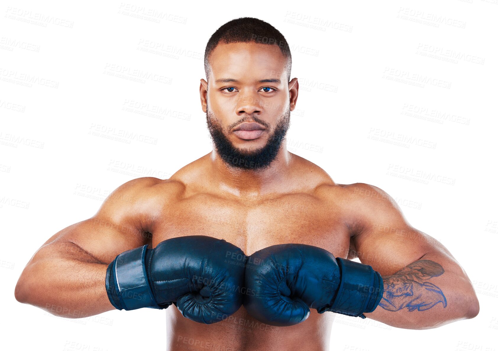 Buy stock photo Black man, boxing with sport and fitness in portrait, martial arts and train isolated on transparent png background. Serious male boxer, athlete and fight with gloves, self defense and strong person