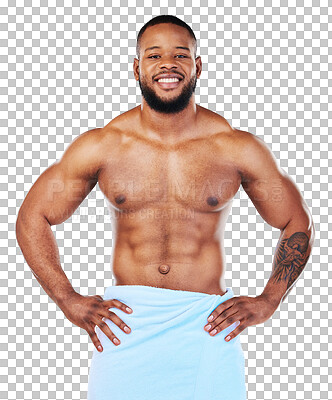 Buy stock photo Man, shower and portrait of confident bodybuilder, towel and wellness from cleaning in morning on transparent, isolated or png background. Clean, sexy body and skincare for happiness and self care