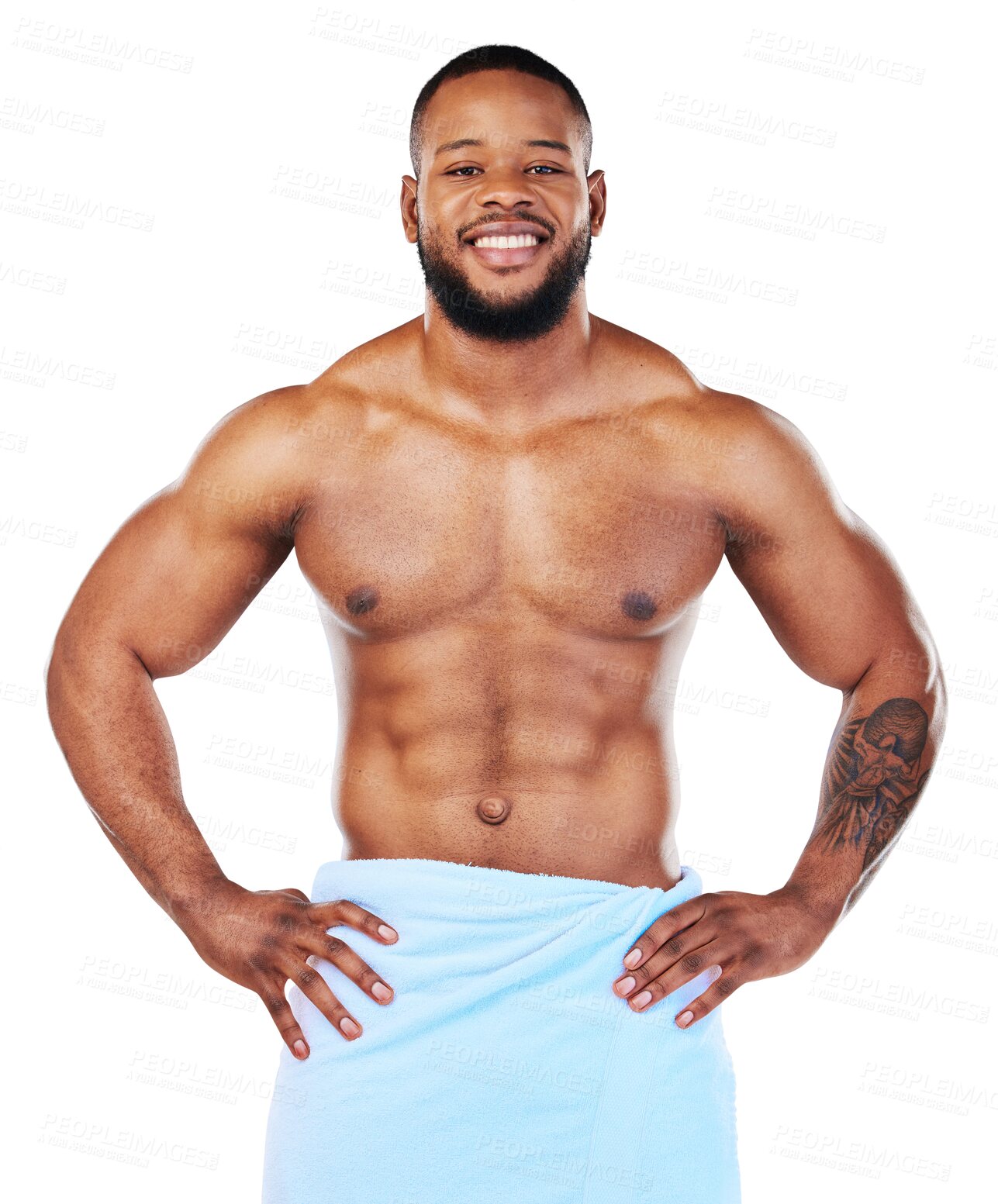 Buy stock photo Man, shower and portrait of confident bodybuilder, towel and wellness from cleaning in morning on transparent, isolated or png background. Clean, sexy body and skincare for happiness and self care