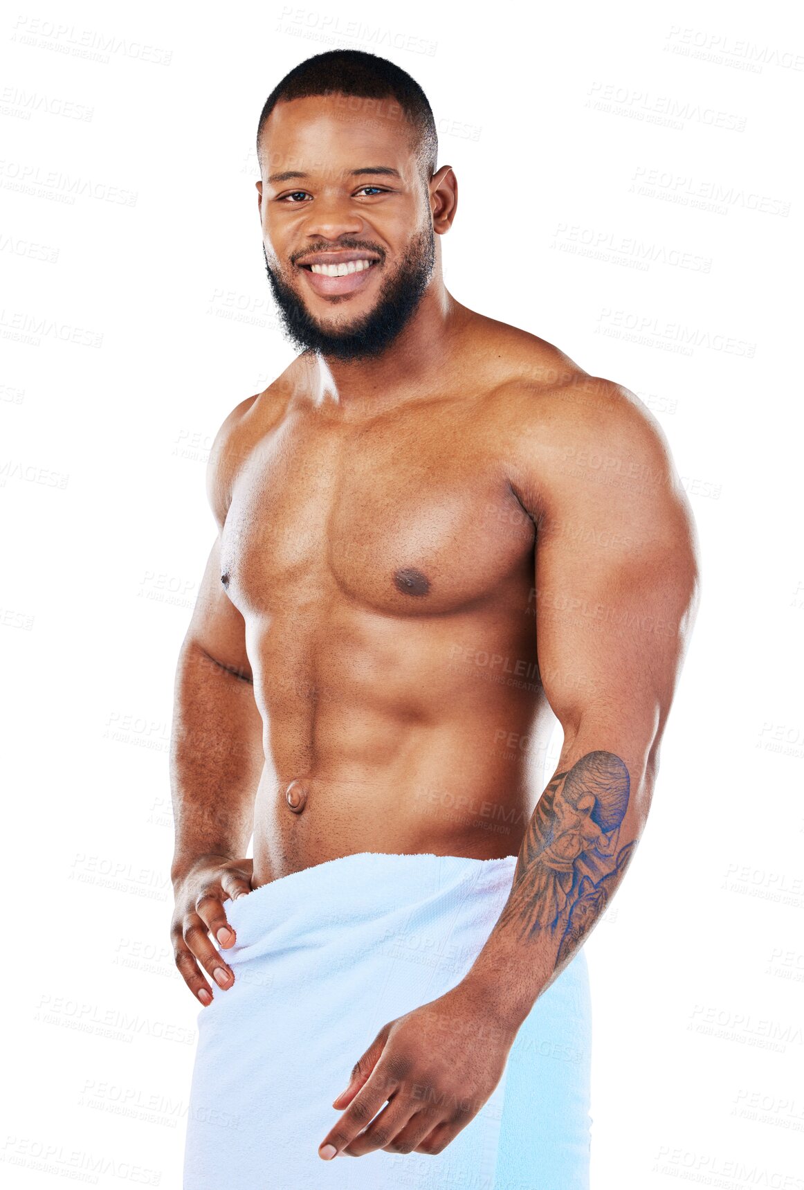 Buy stock photo Portrait, shower and grooming with a shirtless black man isolated on a transparent background for body care. Fitness, smile or body hygiene with a handsome and muscular male person in a towel on PNG