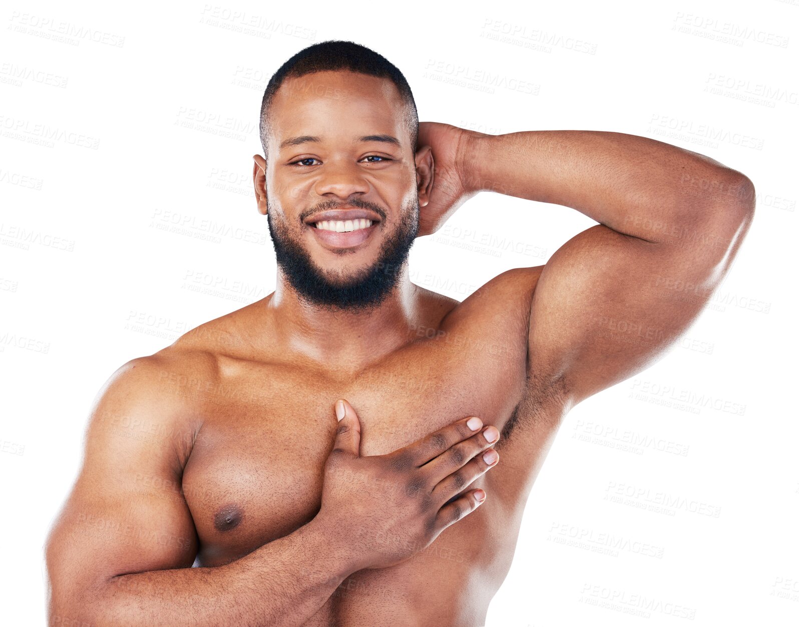 Buy stock photo Black man, armpit and body hygiene, beauty in portrait and grooming isolated on transparent png background. Skin, smile and clean African male model with skincare, natural cosmetics and dermatology