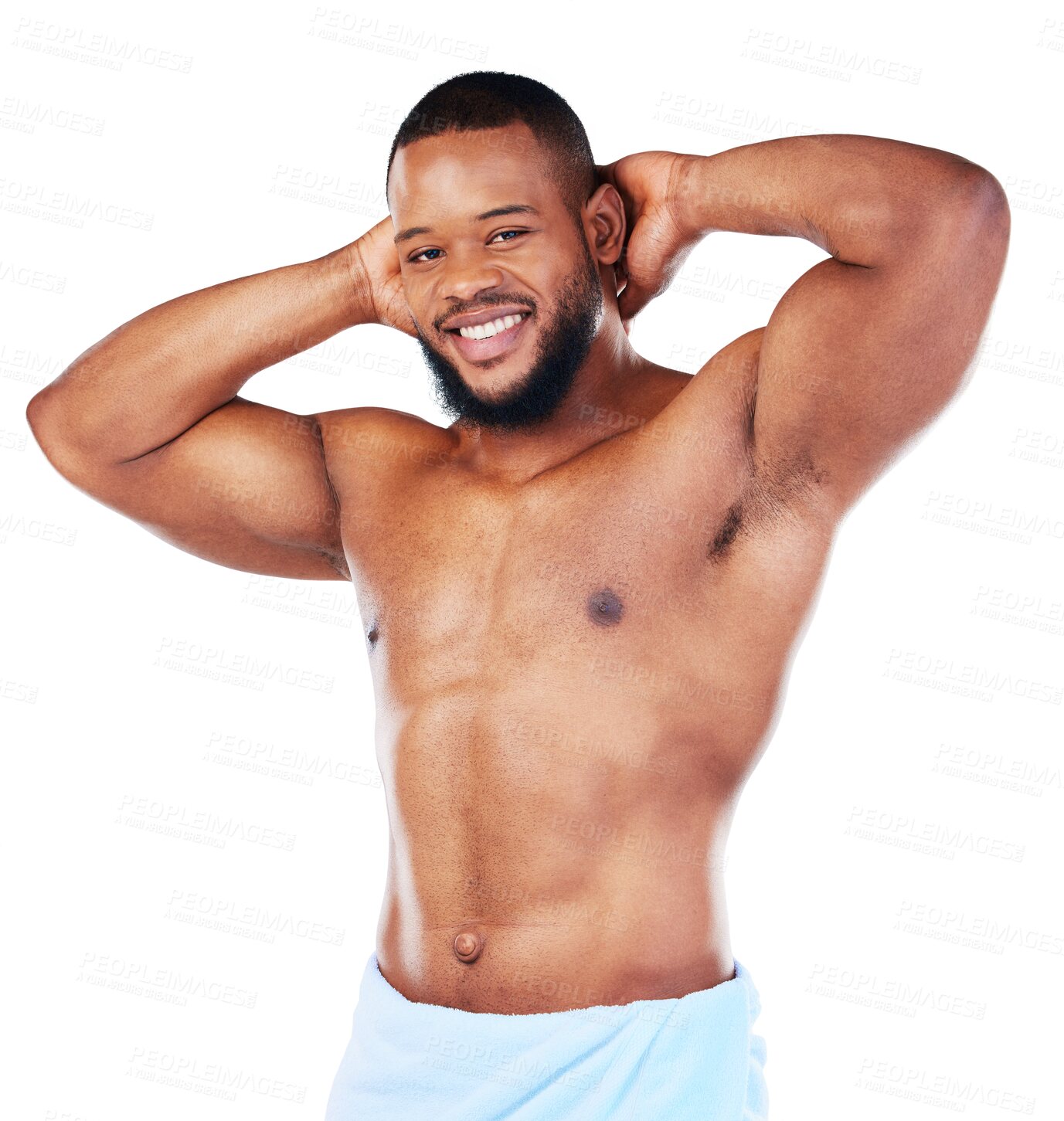 Buy stock photo Black man, armpit and body, beauty in portrait and grooming isolated on transparent png background. Skin, smile and clean African male model with skincare, cosmetics with hygiene and dermatology