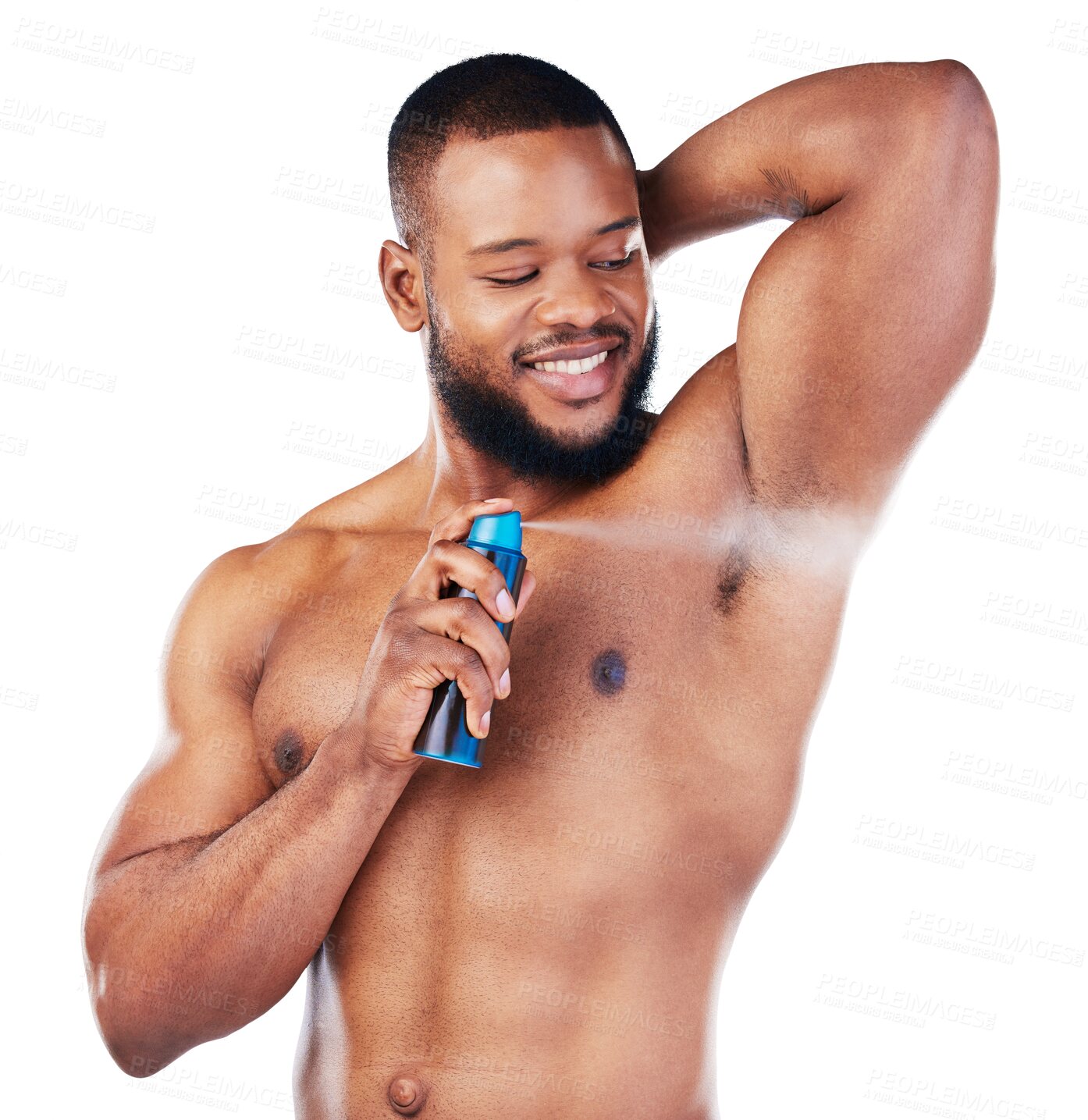 Buy stock photo Black man, deodorant spray on armpit and grooming in with body hygiene isolated on transparent png background. Cosmetic product, fragrance and male model with perfume or cologne, beauty and skin