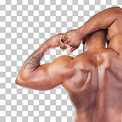 Black man, exercise and weightlifting, dumbbell and biceps muscle training,  smile in portrait on blue background. Health, strong and power, male  flexing arms and bodybuilder with underwear in studio