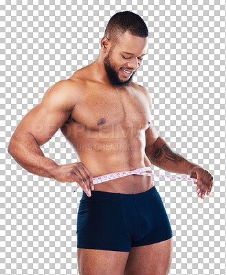 Buy stock photo Isolated bodybuilder man, measuring tape and waist with results, pride and smile by transparent png background. African body builder, progress and lose weight with success, health goals and wellness