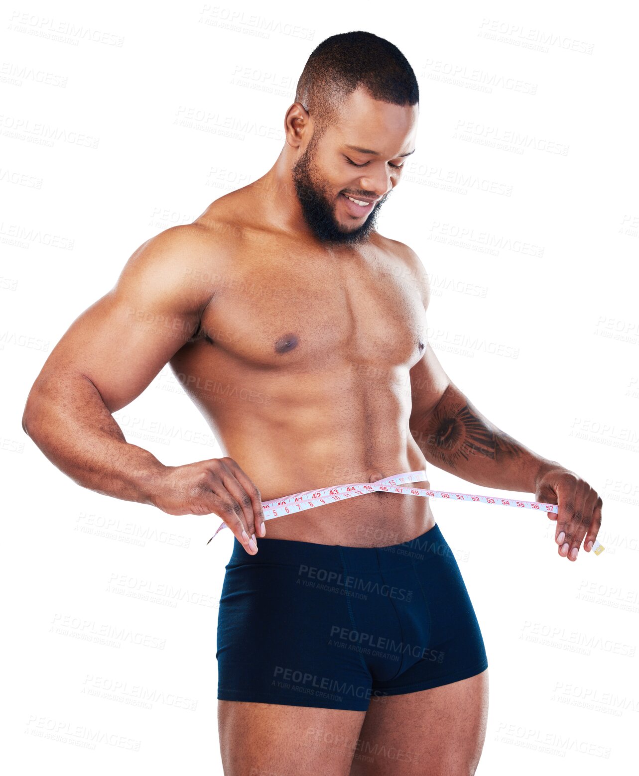 Buy stock photo Isolated bodybuilder man, measuring tape and waist with results, pride and smile by transparent png background. African body builder, progress and lose weight with success, health goals and wellness