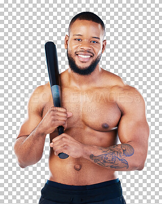 Buy stock photo Isolated bodybuilder man, shirtless and baseball bat in portrait with smile by transparent png background. Happy African athlete, softball player and sports for fitness, health and wellness for game