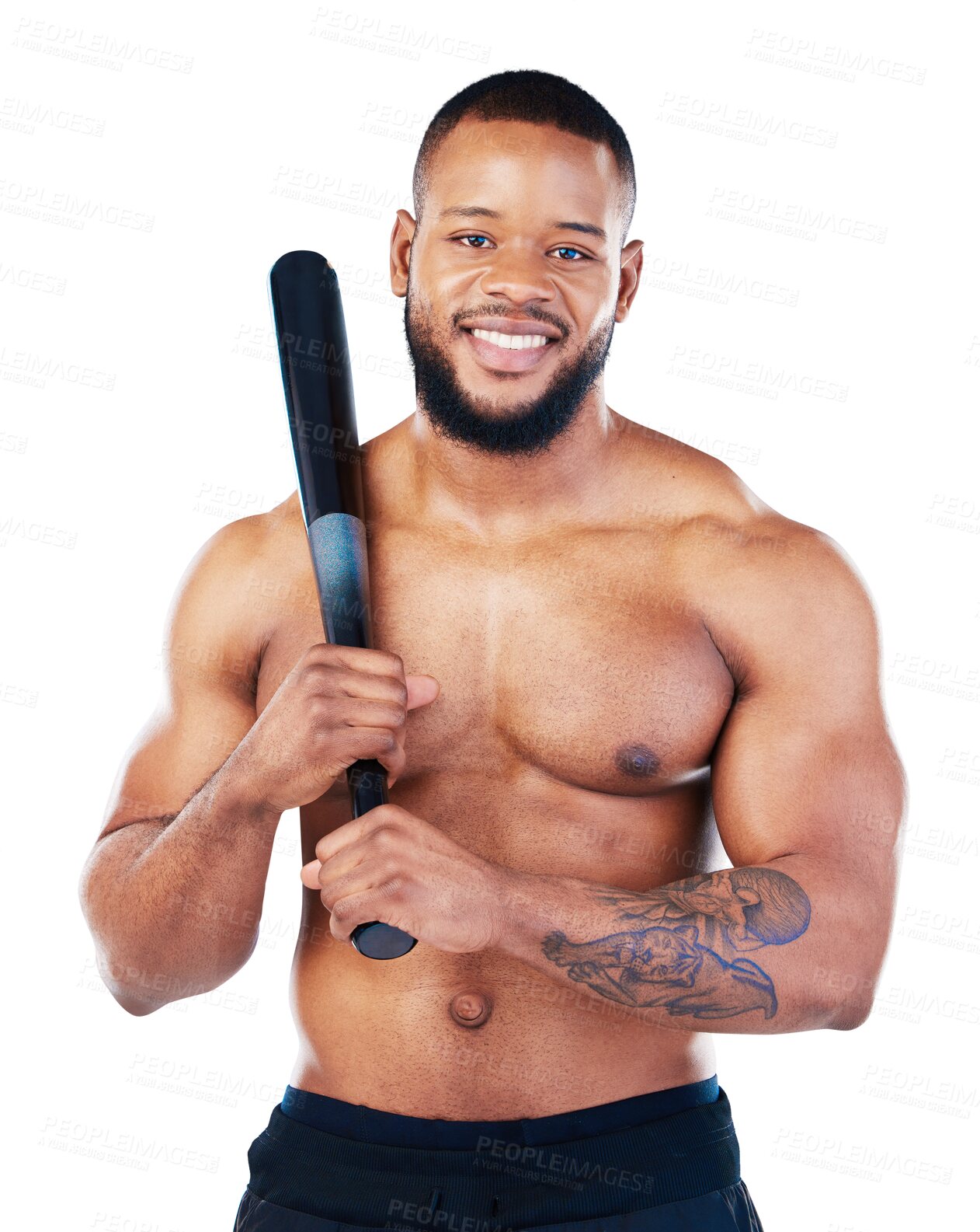 Buy stock photo Isolated bodybuilder man, shirtless and baseball bat in portrait with smile by transparent png background. Happy African athlete, softball player and sports for fitness, health and wellness for game