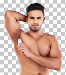 Deodorant, health and man cleaning armpit against a grey studio background. Wellness, care and portrait of a young model with an underarm product for grooming, clean skin and care for body hygiene