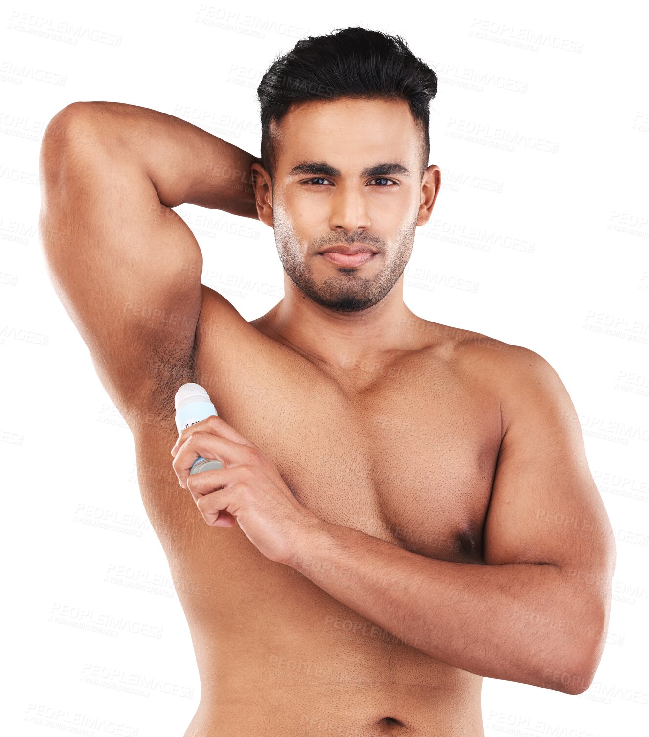 Buy stock photo Cleaning, portrait of a man with deodorant and isolated against a transparent png background. Skincare or hygiene, grooming or clean product and armpit of male person for selfcare or health wellness