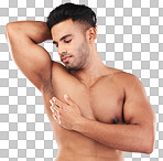 Beauty, healthy body and strong man in studio, flex muscles, arm and biceps for strength. Wellness, fitness and young male bodybuilder on gray background for body care, workout and exercise in studio