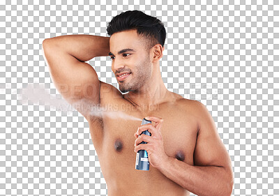 Buy stock photo Hygiene, grooming and deodorant with a shirtless man isolated on a transparent background to spray fragrance. Wellness, luxury and perfume product for body care with a handsome young male on PNG