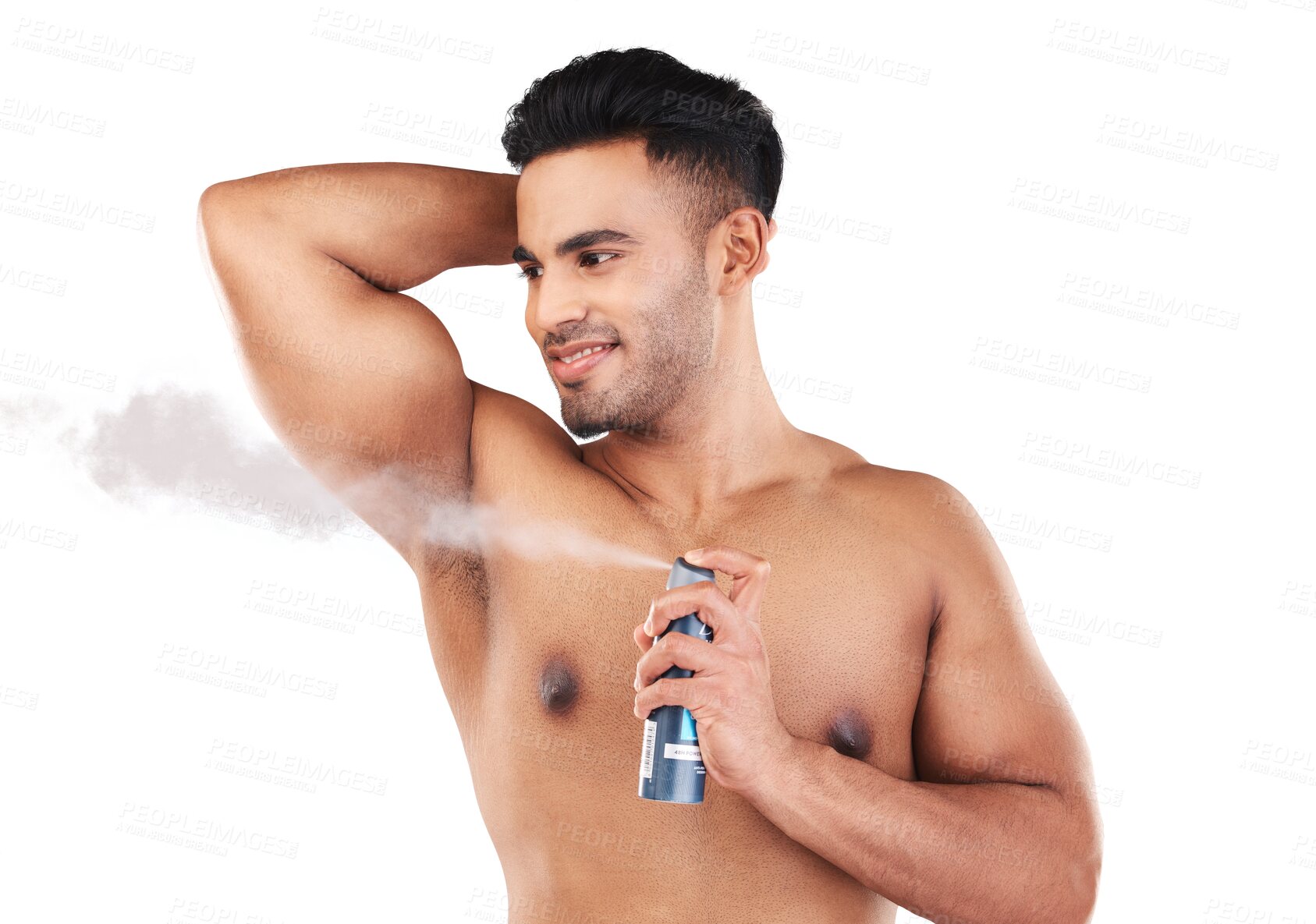 Buy stock photo Hygiene, grooming and deodorant with a shirtless man isolated on a transparent background to spray fragrance. Wellness, luxury and perfume product for body care with a handsome young male on PNG