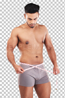 Buy stock photo Weightloss fitness, man and measure tape isolated on transparent, png background for diet progress in underwear. Bodybuilder person check body for workout, exercise and training or lose weight goals